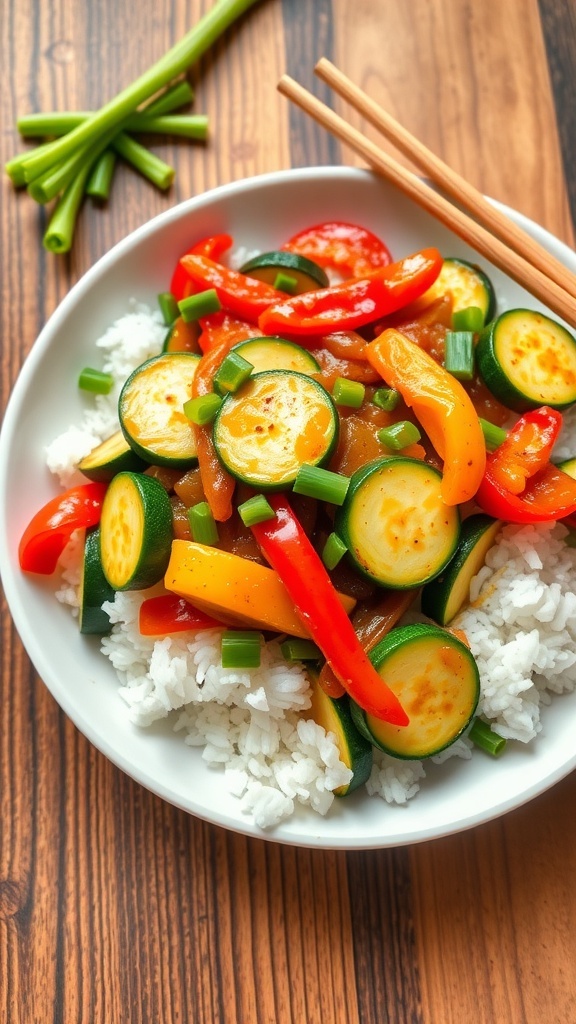 A colorful zucchini stir-fry with bell peppers and onions served over rice, garnished with green onions.